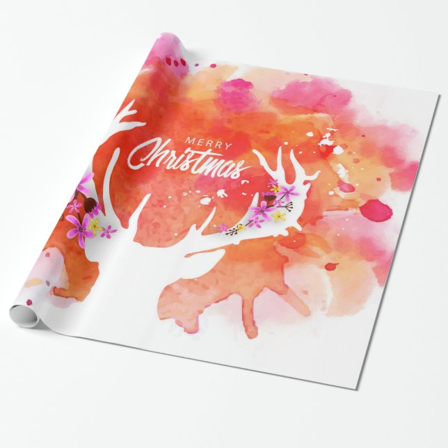 Papier Cadeau Joyeux Noël de cerfs communs rouges d'aquarelle (Déroulé)