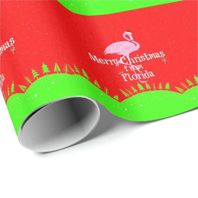 Papier Cadeau Joyeux Noël de Floride et Père Noël Flamant rose (Coin rond)