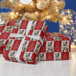 Papier Cadeau Joyeux Noël deux photo personnalisée rouge foncé