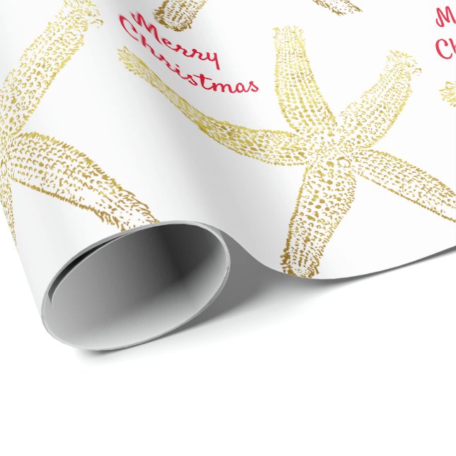 Papier Cadeau Joyeux Noël d'or blanc Motif d'étoiles de mer (Coin rond)