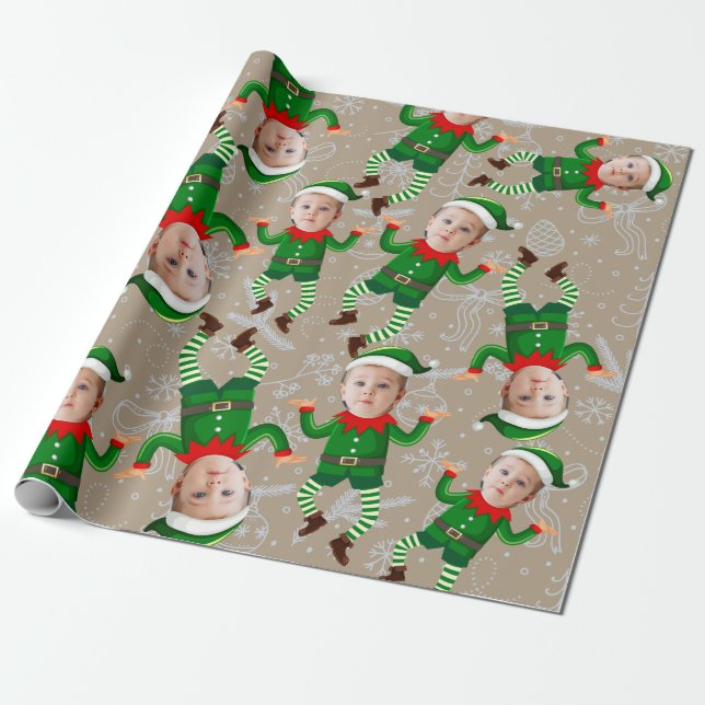 Papier Cadeau Joyeux Noël Drôle Père Noël Elfes visage personnal (Déroulé)