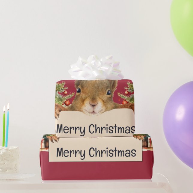 Papier Cadeau Joyeux Noël Écureuil Deux Arbres de Noël (Cadeaux de fête)