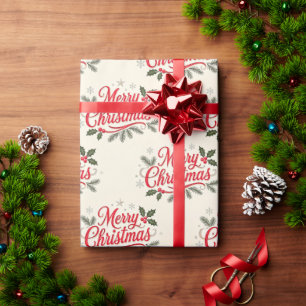 Papier Cadeau Joyeux Noël élégant avec houx et branche de pin