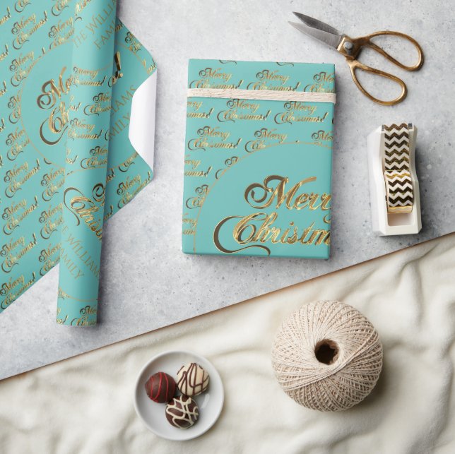 Papier Cadeau Joyeux Noël Elégant Faux Gold Script Turquoise (Artisanat)