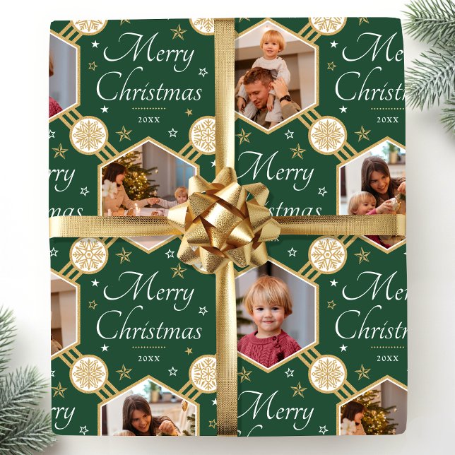 Papier Cadeau Joyeux Noël Élégant Flocon de neige photo vert (Créateur téléchargé)