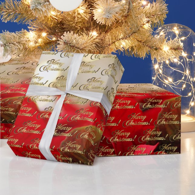 Papier Cadeau Joyeux Noël Elegant Gold Script Poinsettia (Vacances)