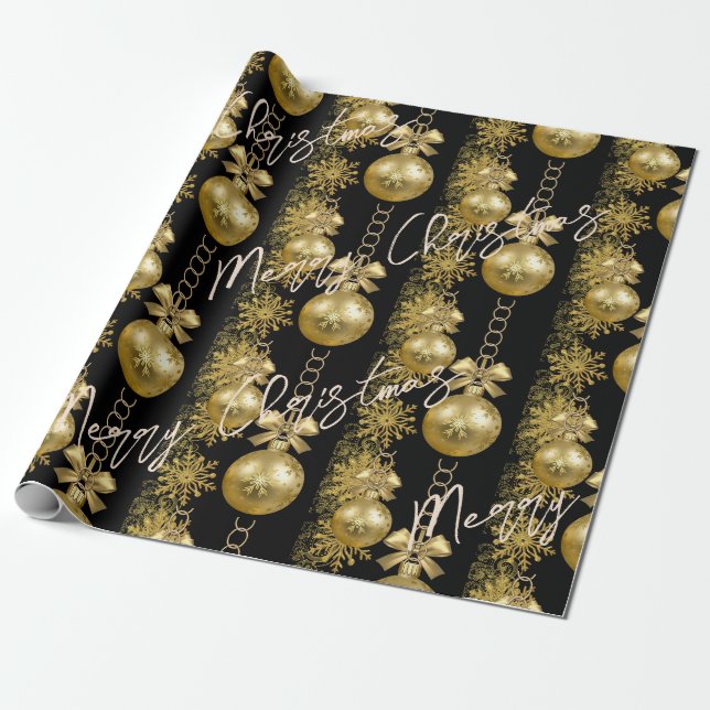 Papier Cadeau Joyeux Noël Enveloppement Papier Ballons d'or Noir (Déroulé)