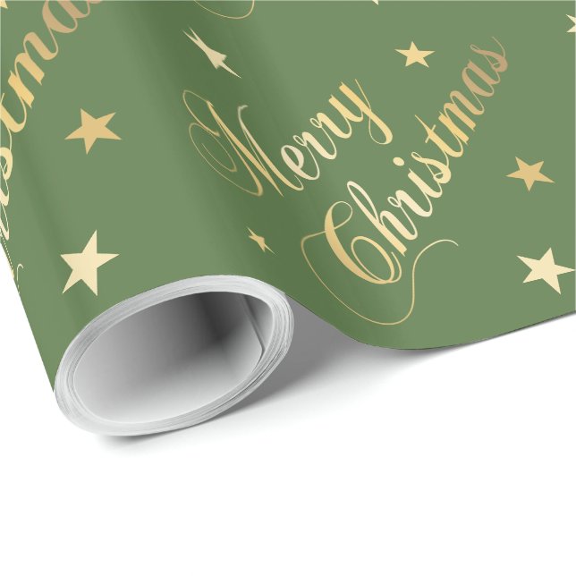Papier Cadeau Joyeux Noël Etoiles Élégant Script Gold Green (Coin rond)