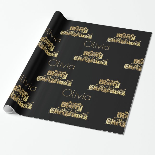 Papier Cadeau Joyeux Noël Étoiles Typographie Black Gold Chic (Déroulé)