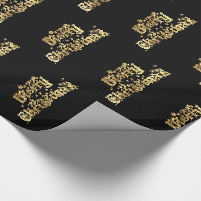 Papier Cadeau Joyeux Noël Étoiles Typographie Black Gold Chic (Coin)