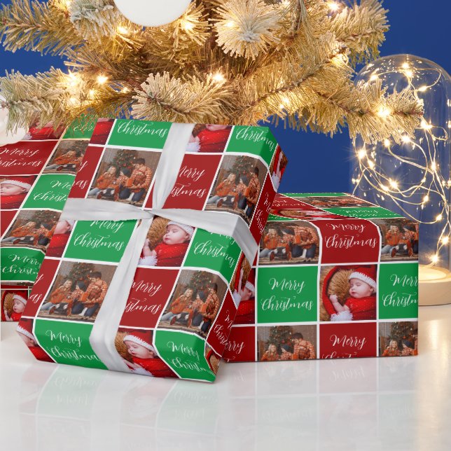 Papier Cadeau Joyeux Noël famille photo collage rouge (Vacances)