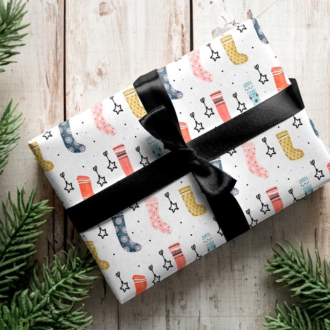 Papier Cadeau Joyeux Noël Festif Coloré Bas pendants (Cute Colourful Festive Christmas Stockings Hanging Wrapping Paper)
