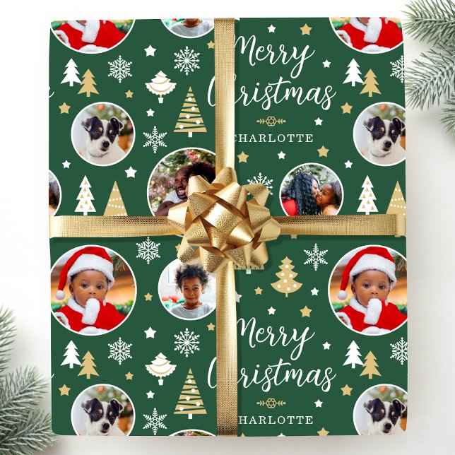 Papier Cadeau Joyeux Noël Festive Arbres Photo Nom Vert (Créateur téléchargé)