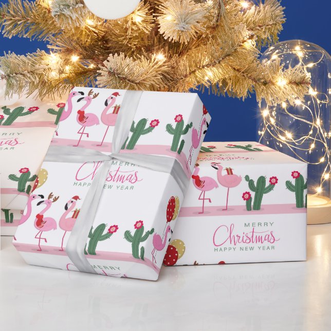 Papier Cadeau Joyeux Noël Fille mignonne Flamant rose rose Cactu (Vacances)