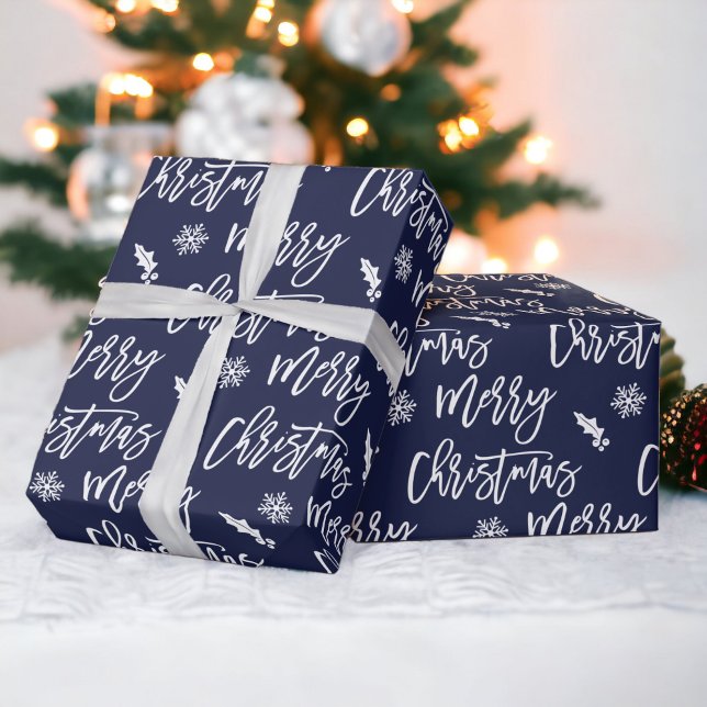 Papier Cadeau Joyeux Noël flocon de neige mistletoe bleu motif (Merry Christmas snowflake mistletoe navy blue pattern Wrapping Paper)