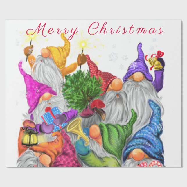 Papier Cadeau Joyeux Noël Gnome Celebration - Texte personnalisé (Plat)