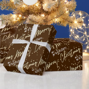 Papier Cadeau Joyeux Noël Golden Script du nom Brown