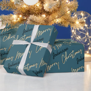 Papier Cadeau Joyeux Noël Golden Script Name Black Turquoise Blu