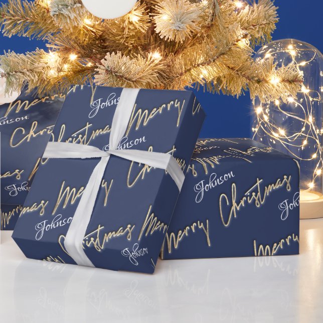 Papier Cadeau Joyeux Noël Golden Script Nom Blue Navy (Vacances)