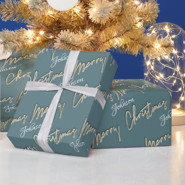 Papier Cadeau Joyeux Noël Golden Script Nom Smoky Aqua Blue (Vacances)