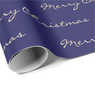 Papier Cadeau Joyeux Noël Golden Script Vacances Blue Navy