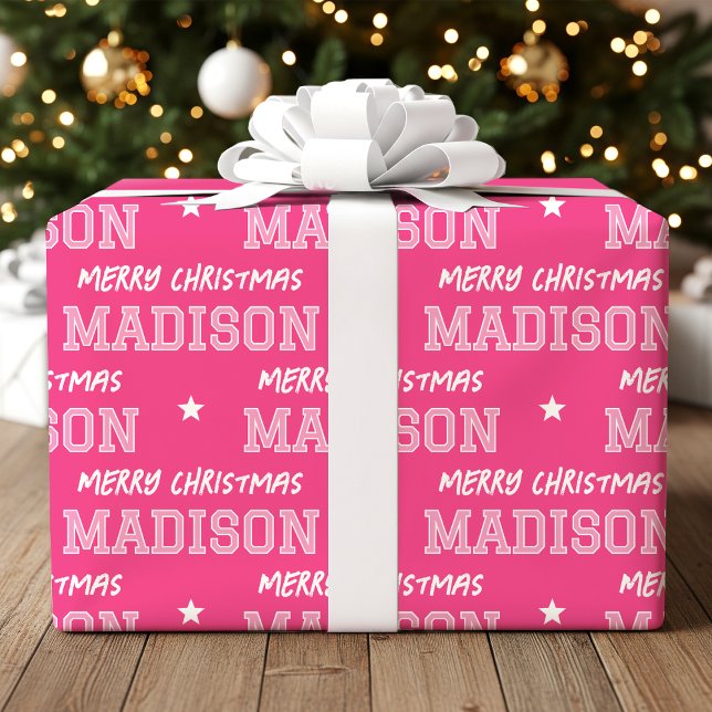 Papier Cadeau Joyeux Noël Grande Échelle Nom personnalisé Rose (Créateur téléchargé)