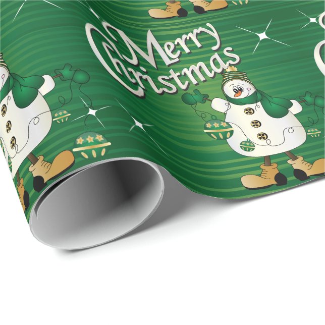 Papier Cadeau Joyeux Noël Green Snowman (Coin rond)