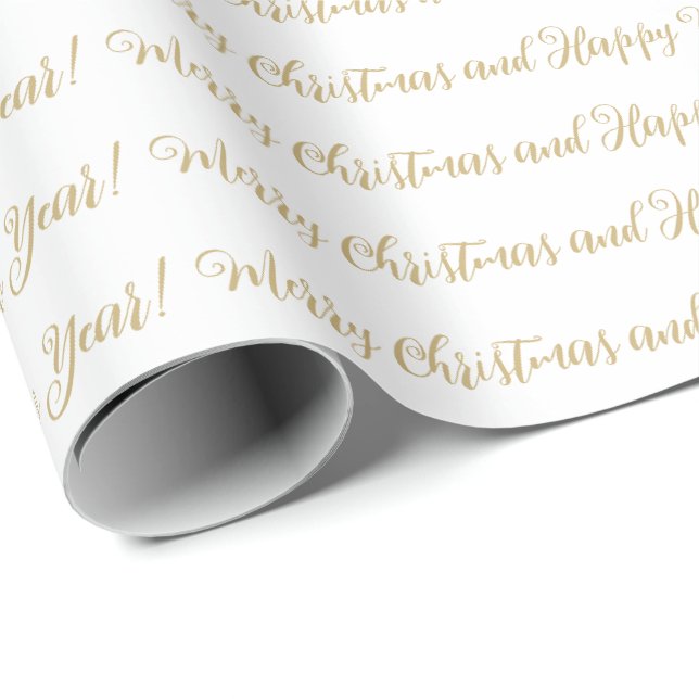Papier Cadeau Joyeux Noël Joyeux Jour de l'année script or blanc (Coin rond)