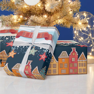 Papier Cadeau Joyeux Noel maisons d'hiver neige village motif