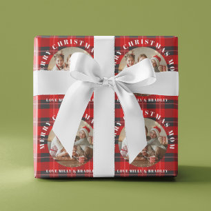 Papier Cadeau Joyeux Noël Maman Rouge Plaid Photo personnalisée