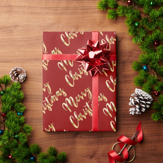 Papier Cadeau Joyeux Noël métal or script rouge (Cadeau de vacances)