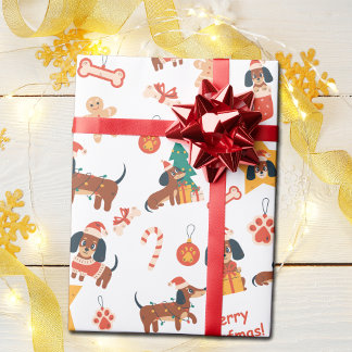 Papier Cadeau Joyeux Noël Mignon Dachshund Blanc Merry Woofmas