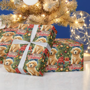 Papier Cadeau Joyeux Noël mignonne chiot et sapin de Noël