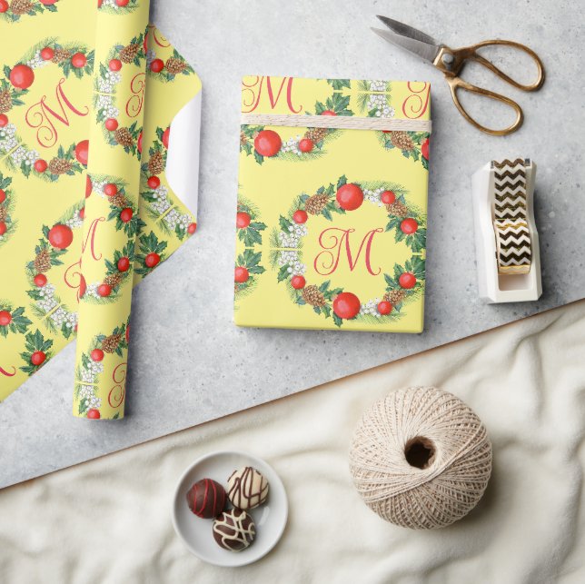 Papier Cadeau Joyeux Noël moderne couronne rouge vert jaune (Artisanat)