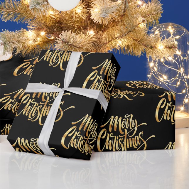 Papier Cadeau Joyeux Noël, Noir étincelant et Doré (Vacances)