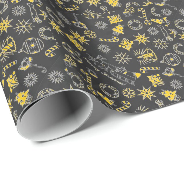 Papier Cadeau Joyeux Noël noir Père Noël jaune cierge (Coin rond)