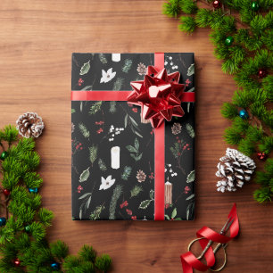 Papier Cadeau Joyeux Noël Noir Rouge Berry Botanique