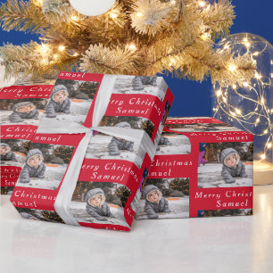 Papier Cadeau Joyeux Noël Nom Red White Photo Collage