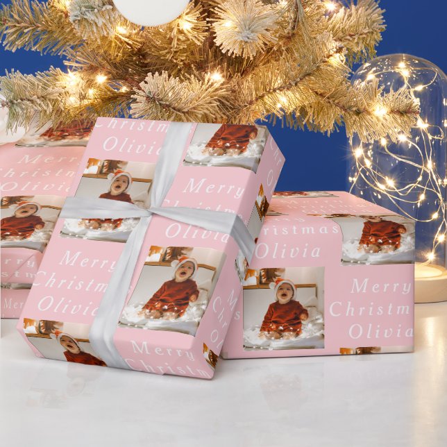 Papier Cadeau Joyeux Noël Nom Rose Blanc Photo Collage (Vacances)
