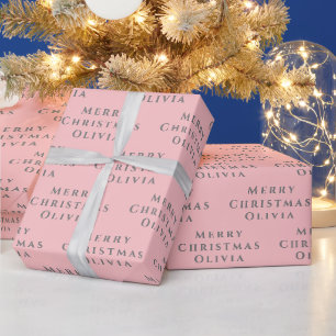 Papier Cadeau Joyeux Noël Nom rose gris simple moderne