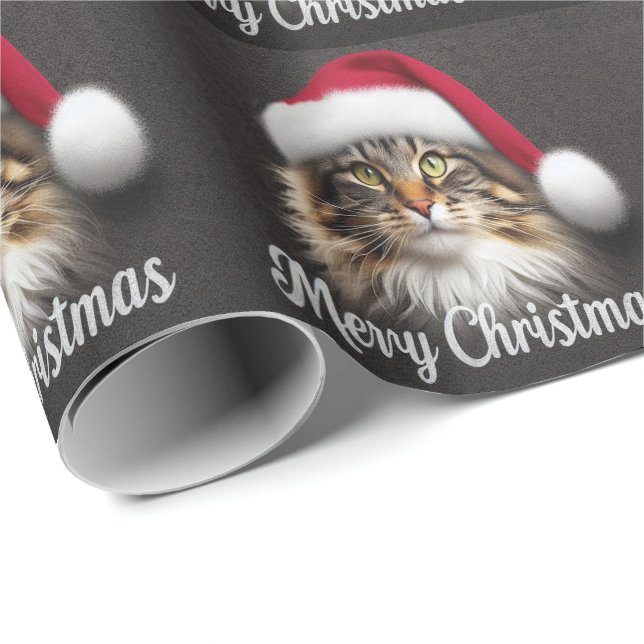 Papier Cadeau Joyeux Noël Norvégien Chat Forêt, Père Noël Kitty (Coin rond)