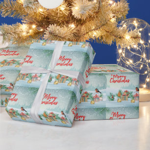 Papier Cadeau Joyeux Noël Oiseaux et cadeaux