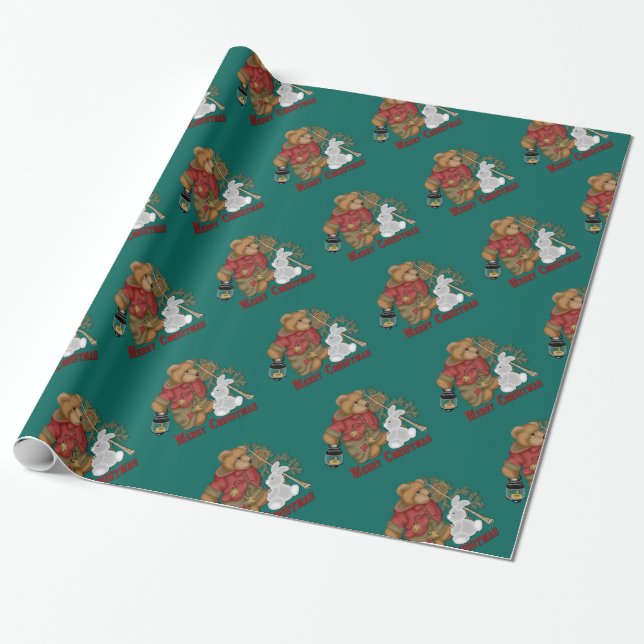 Papier Cadeau Joyeux Noël Ours vert Vacances papier d'emballage (Déroulé)