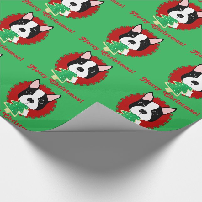 Papier Cadeau Joyeux Noël ! Papier d'emballage de Boston Terrier (Coin)