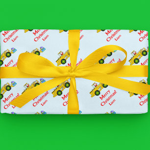 Papier Cadeau Joyeux Noël Père Noël dans un bulldozer livrant un