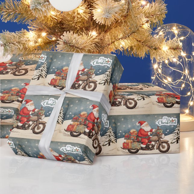 Papier Cadeau Joyeux Noël Père Noël en moto (Vacances)
