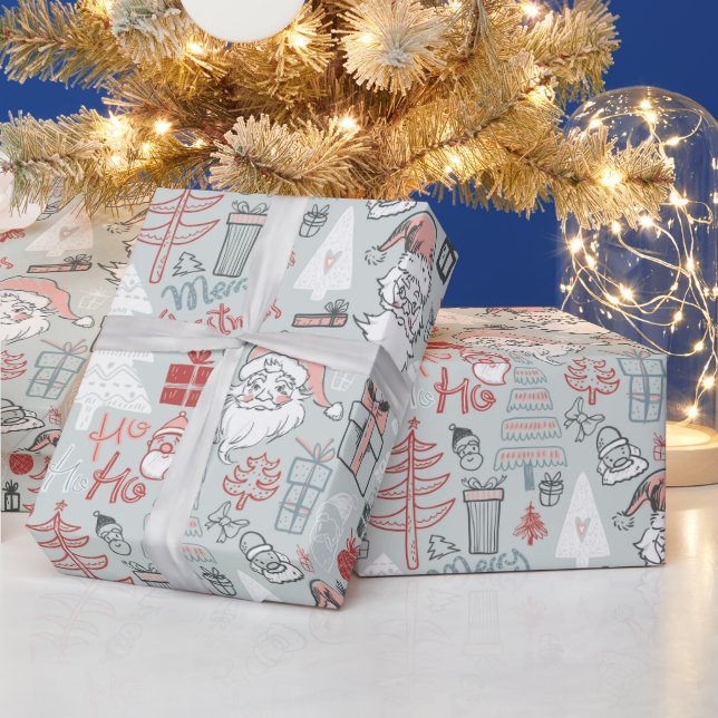Papier Cadeau Joyeux Noël Père Noël Tree Main Drawn Motif Sage (Vacances)
