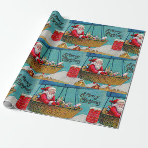 Papier Cadeau Joyeux Noël Père Noël vintage en montgolfière