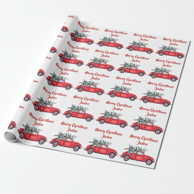 Papier Cadeau Joyeux Noël personnalisé Camion de ferme rouge (Déroulé)
