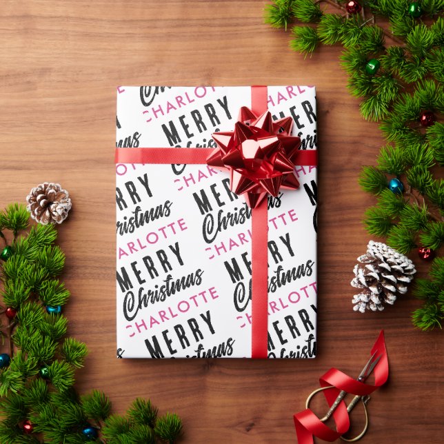 Papier Cadeau Joyeux Noël personnalisé Nom rose tendance (Cadeau de vacances)